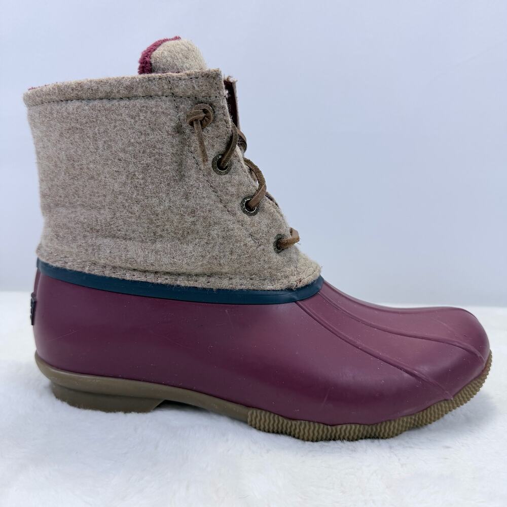 Sperry Saltwater Wool Duck Boots Tan Burgundy Lace Up Womens Size 7.5